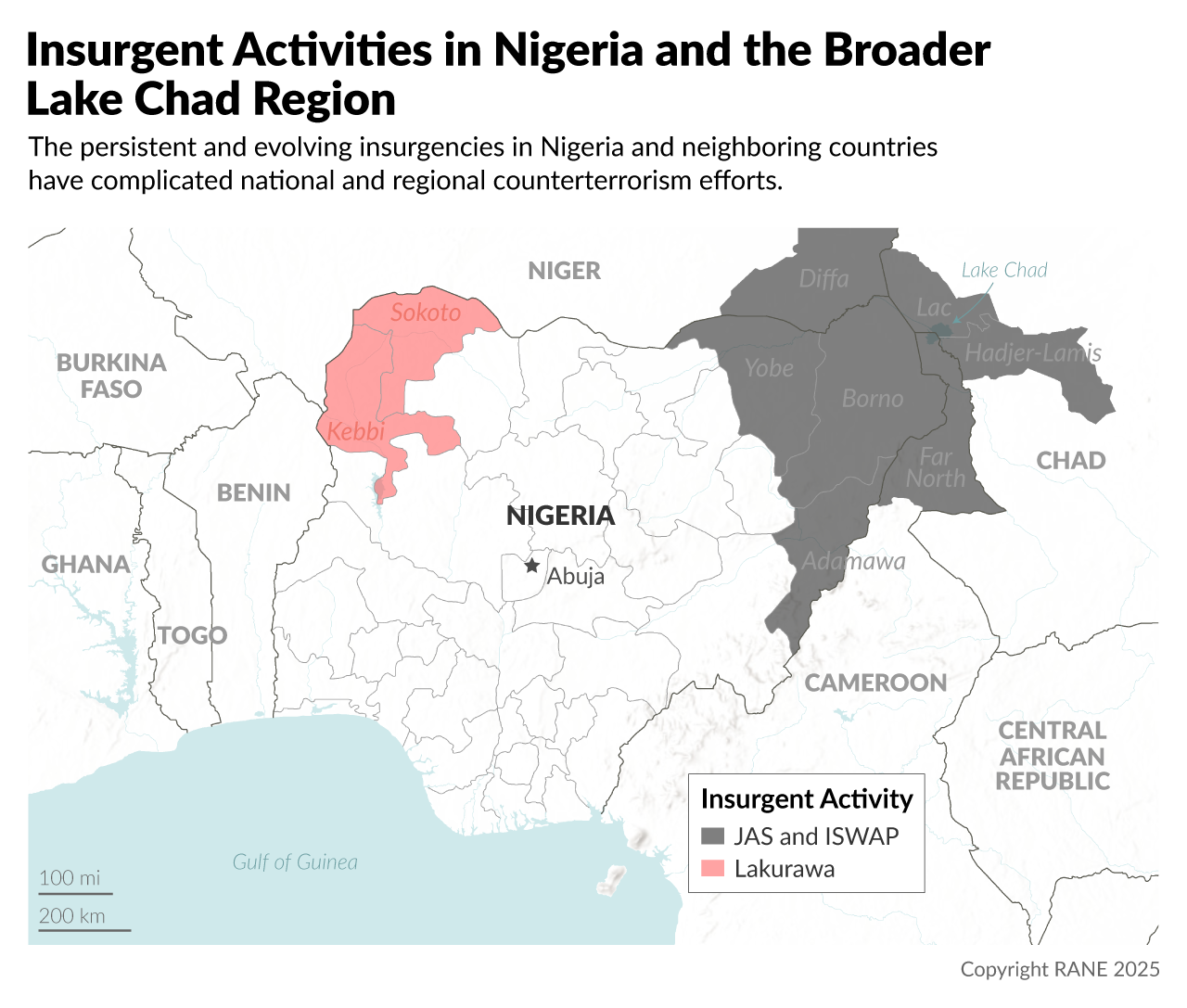 A map showing insurgent activity in and around Nigeria