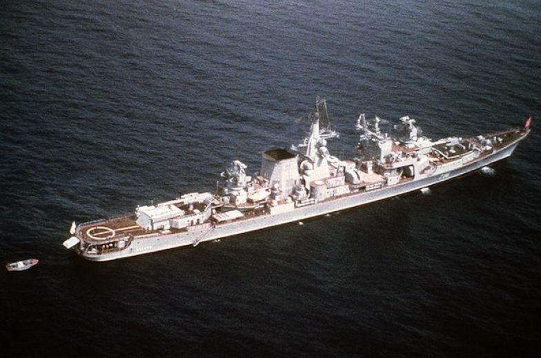 A port quarter view of the Soviet large anti-submarine ship Ochakov underway.