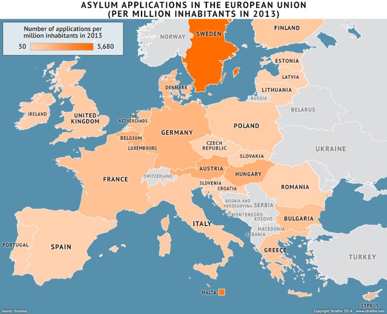 Asylum Applications in the European Union Per Million Inhabitants
